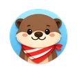 Cartoon-style illustrated dog face with a flower on its ear, set on a soft circular background